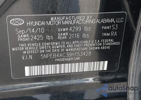 2011 Hyundai Sonata Gls z USA, uszkodzony, nr VIN 5NPEB4AC3BH153428